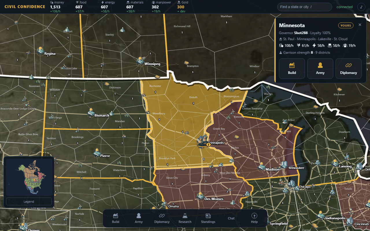 The game map zoomed into the Midwest: states split into districts, cities with skylines, armies on the highways.